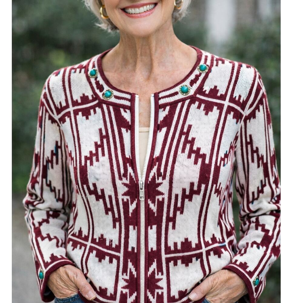 Storybook Knit Aztec Turquoise Cardigan Sweater Large Zip Front Knit Sweater